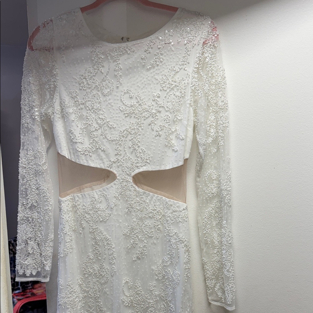 Fashionova bridal bachelorette White Beaded Long-Sleeve Cutout Dress